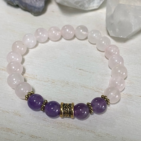 8mm Rose Quartz & Amethyst Gemstone Bracelet - Picture 3 of 4